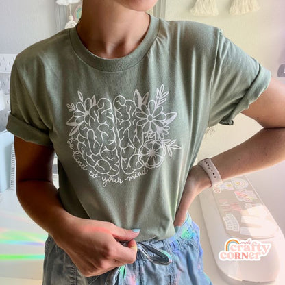 Melanie modeling sage Be Kind to Your Mind soft t-shirt