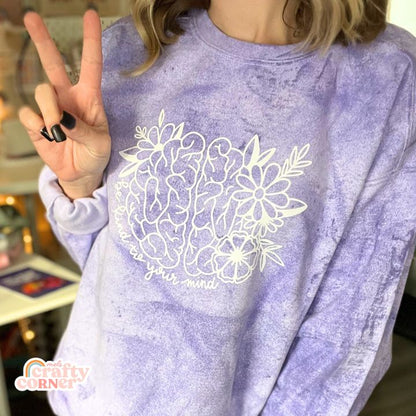 Melanie modeling Amethyst Be Kind to Your Mind Premium ColorBlast Crewneck
