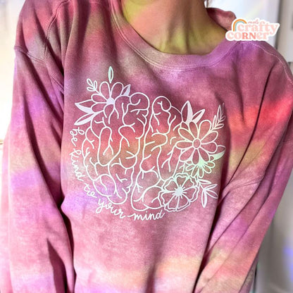 Melanie modeling Clay Be Kind to Your Mind Premium ColorBlast Crewneck