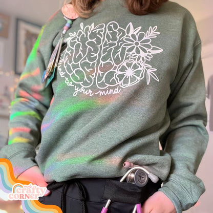 Be Kind To Your Mind design on classic crewneck sweatshirt, main product image by Mel's Crafty Corner