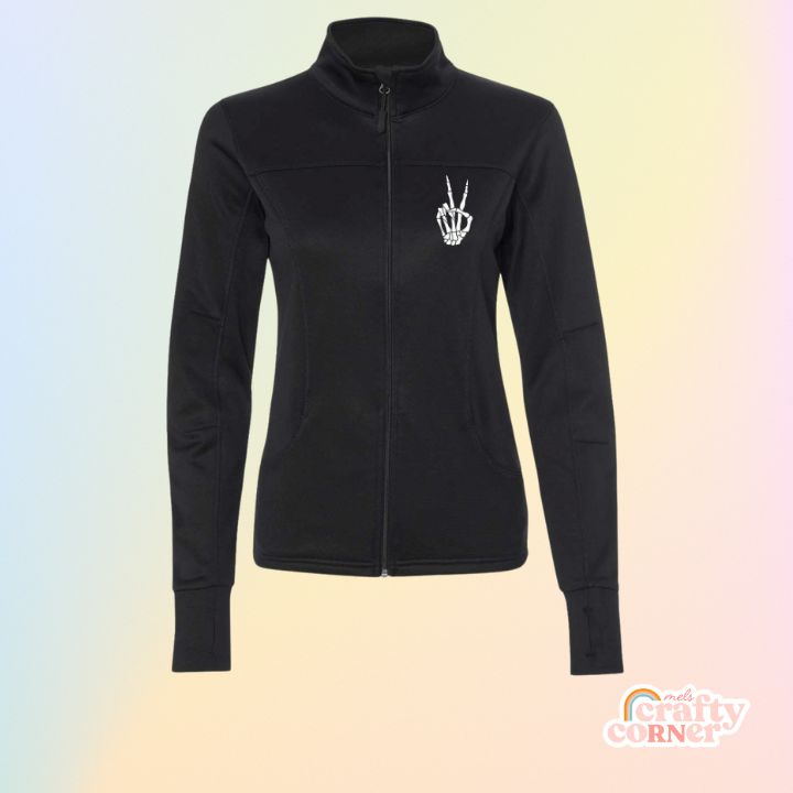 Black Skeleton Peace Sign performance zip-up jacket mockup by Mel's Crafty Corner