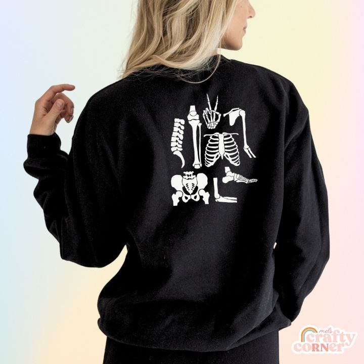 Back view of black Build Your Boneyard classic crewneck sweatshirt by Mel's Crafty Corner