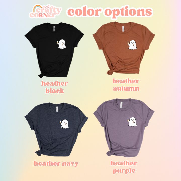 Color options available for the Boo-Boo Ghostie softest t-shirt by Mel's Crafty Corner