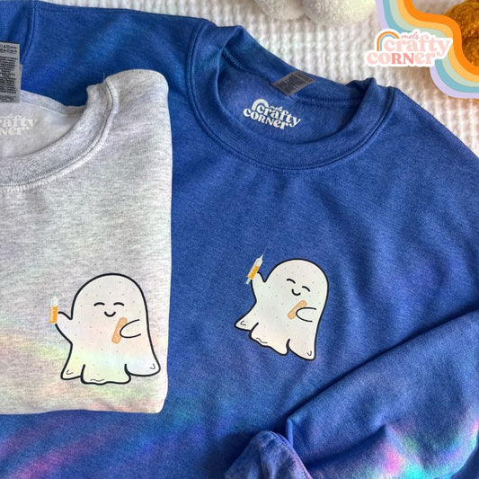 Boo-Boo Ghostie design on classic crewneck sweatshirt, main product image by Mel's Crafty Corner