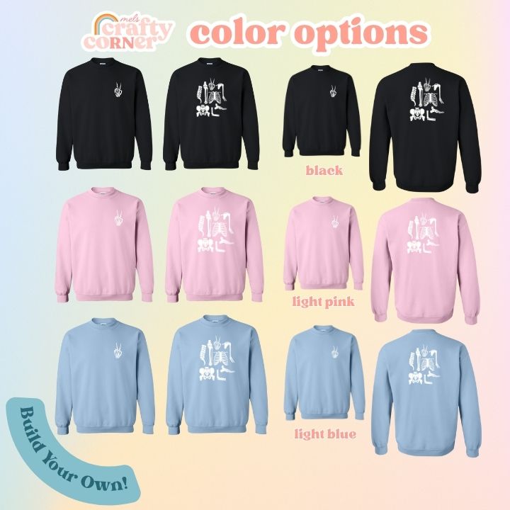 Color options available for the Build Your Boneyard classic crewneck sweatshirt by Mel's Crafty Corner