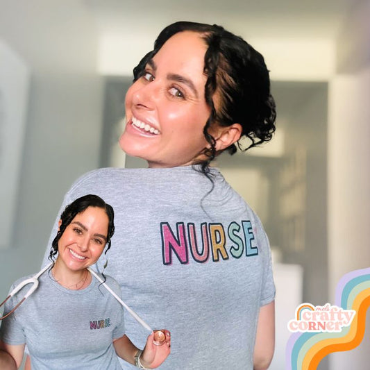 Colorful Nurse design on classic t-shirt, main product image by Mel's Crafty Corner