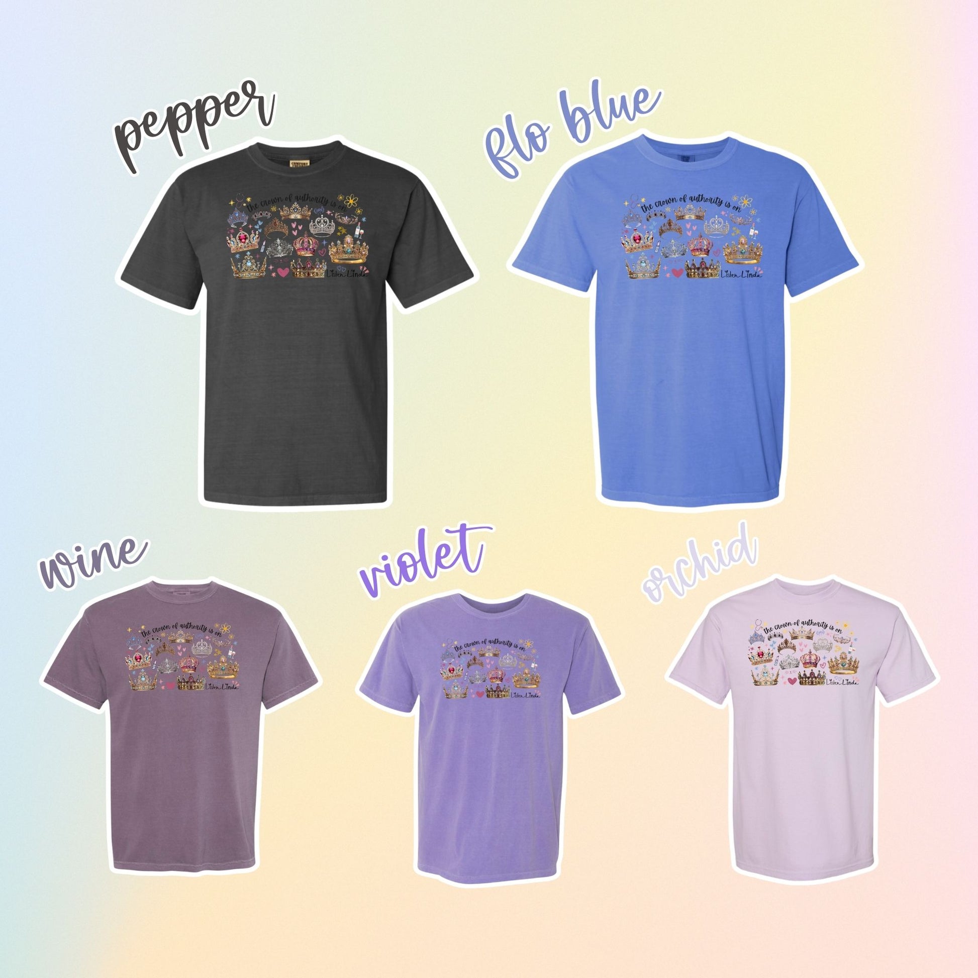 Collage of color options for the Crown of Authority T-Shirt by Mel's Crafty Corner