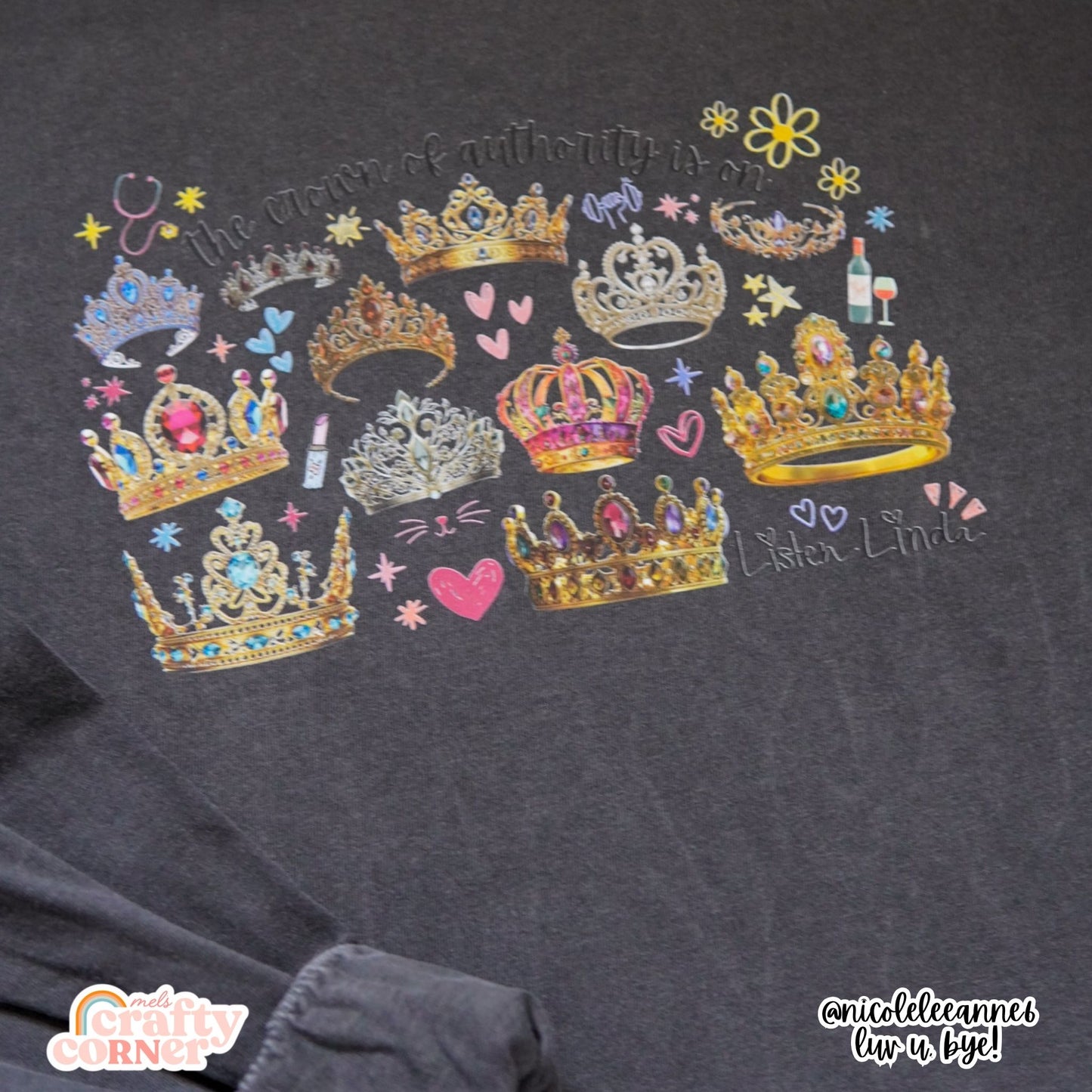 Close up of Pepper long sleeve Crown of Authority, Listen Linda merch