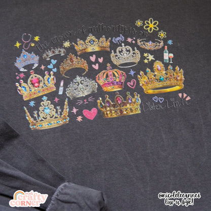 Close up of Pepper long sleeve Crown of Authority, Listen Linda merch