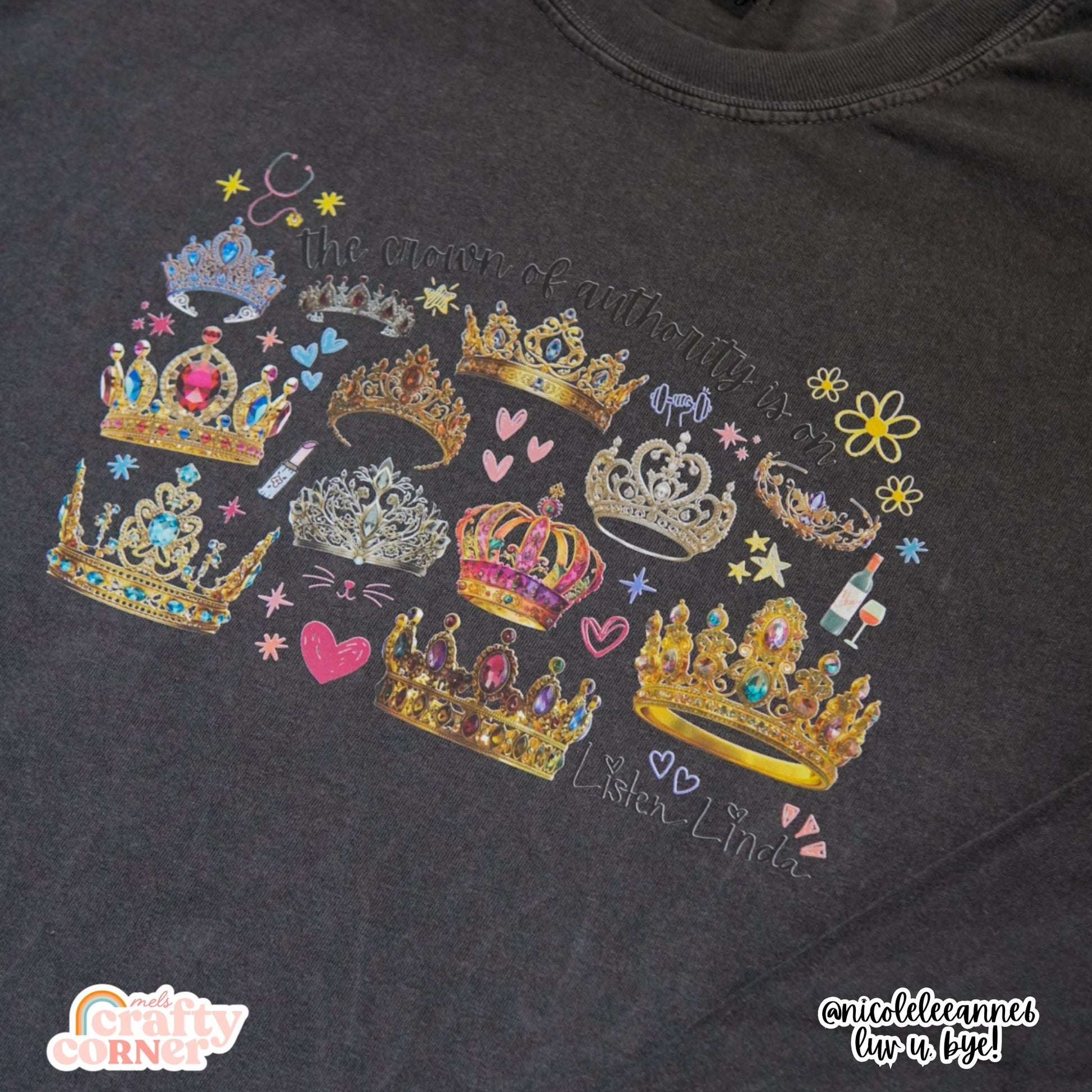 Close up of Pepper long sleeve Crown of Authority, Listen Linda merch