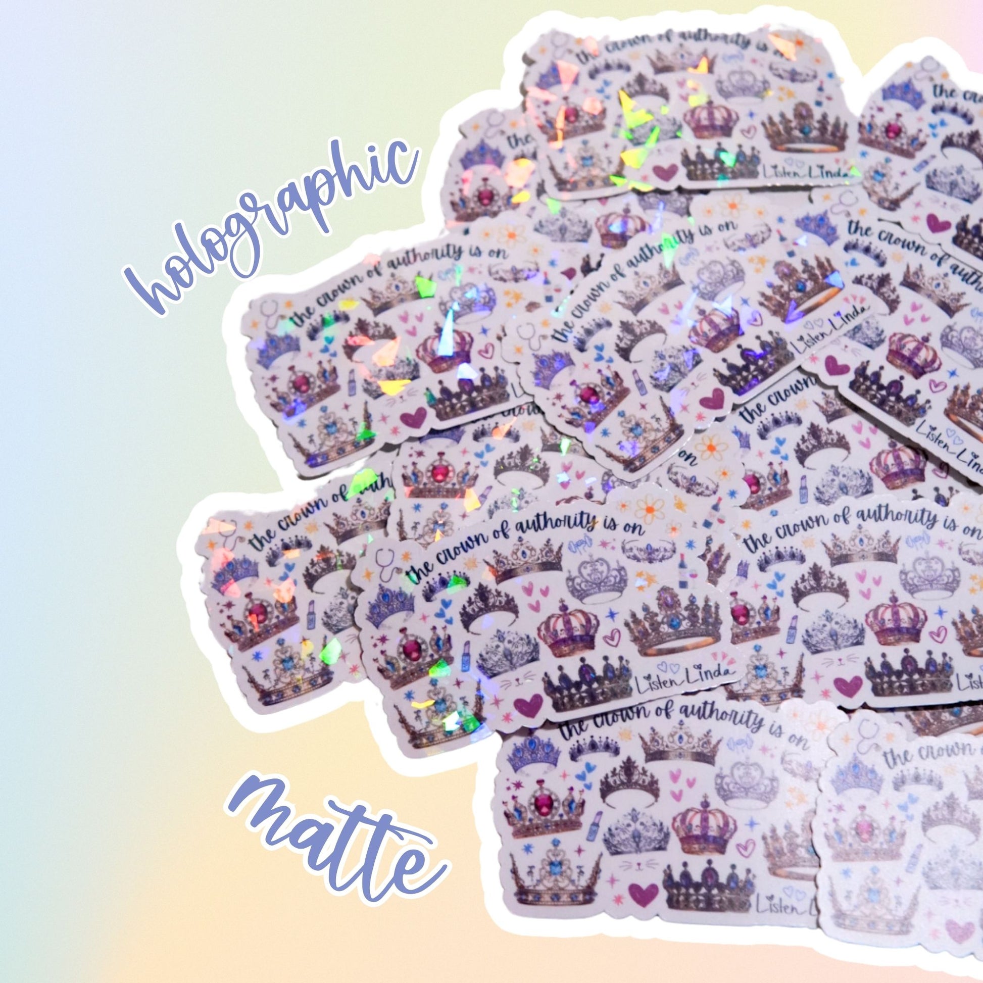 Pile of holographic and matte Crown of Authority stickers