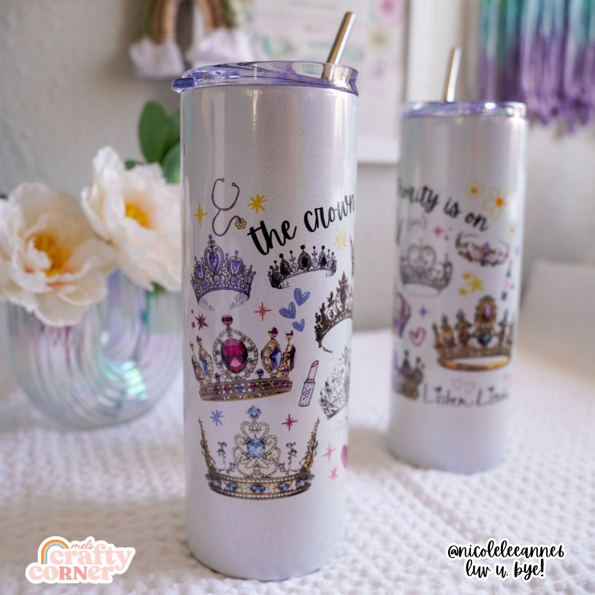 Side view of Crown Of Authority 20 oz stainless steel tumbler showing detailed design by Mel's Crafty Corner