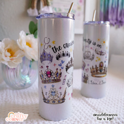 Side view of Crown Of Authority 20 oz stainless steel tumbler showing detailed design by Mel's Crafty Corner