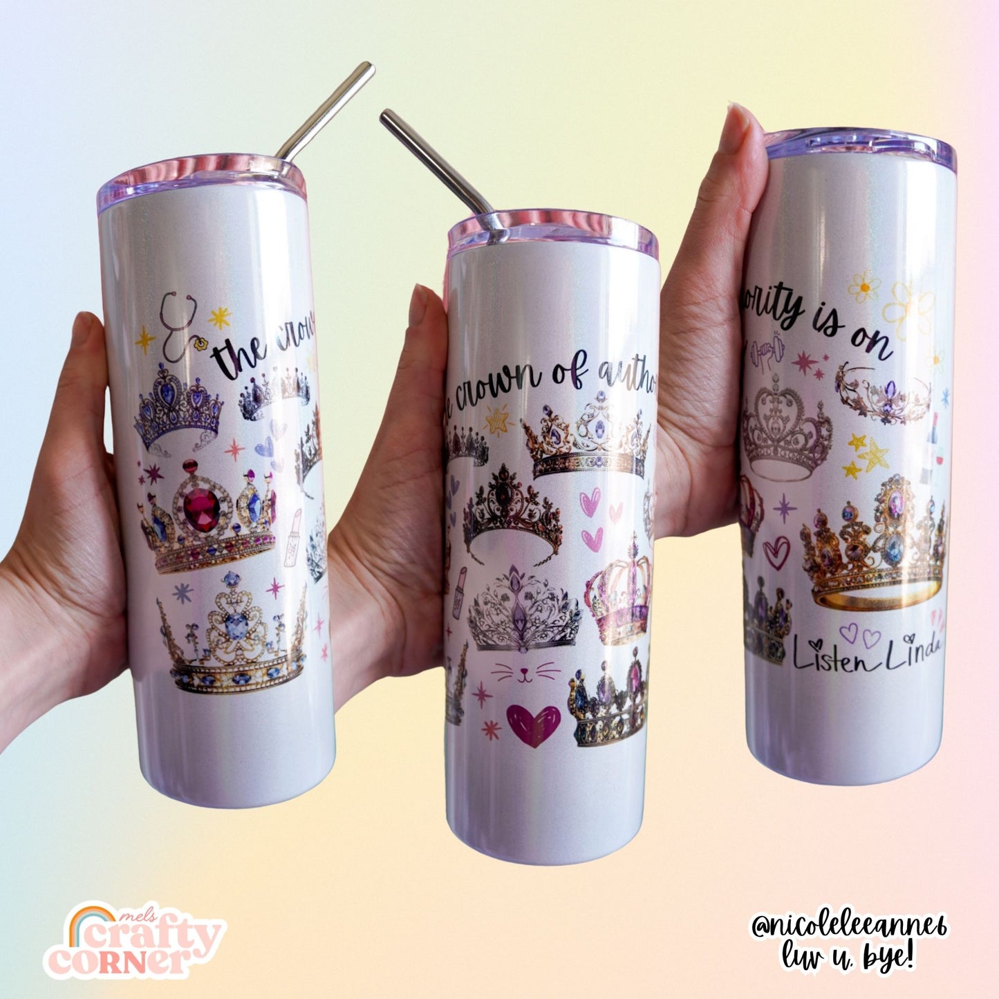 Hand holding Crown Of Authority 20 oz stainless steel tumbler showing size and scale by Mel's Crafty Corner