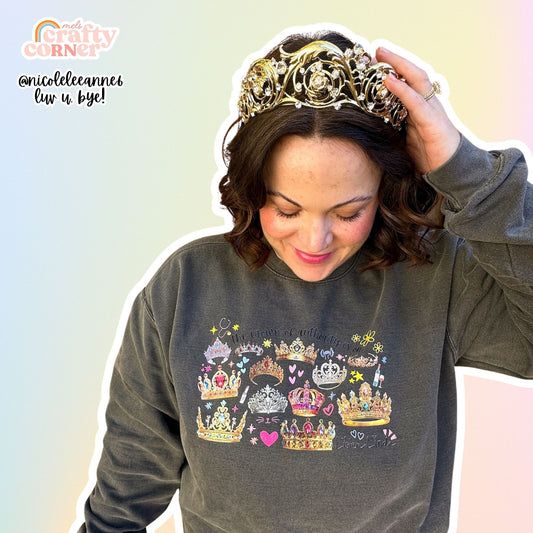 Woman wearing Crown of Authority Pepper crewneck with a crown