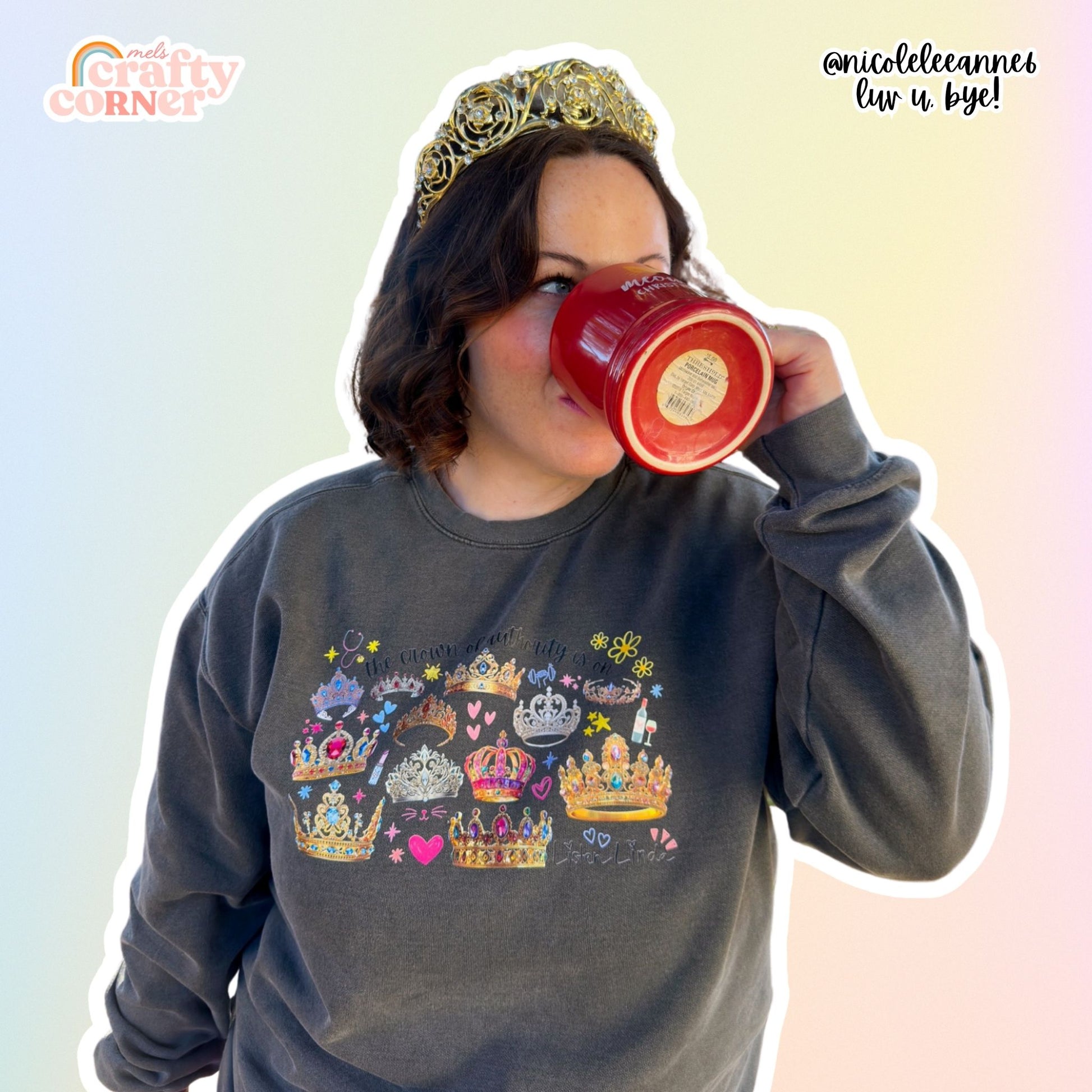 Woman wearing Crown of Authority Pepper crewneck