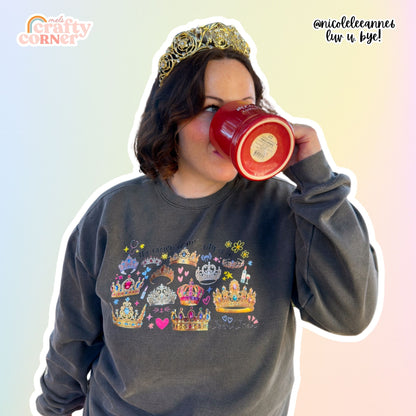Woman wearing Crown of Authority Pepper crewneck