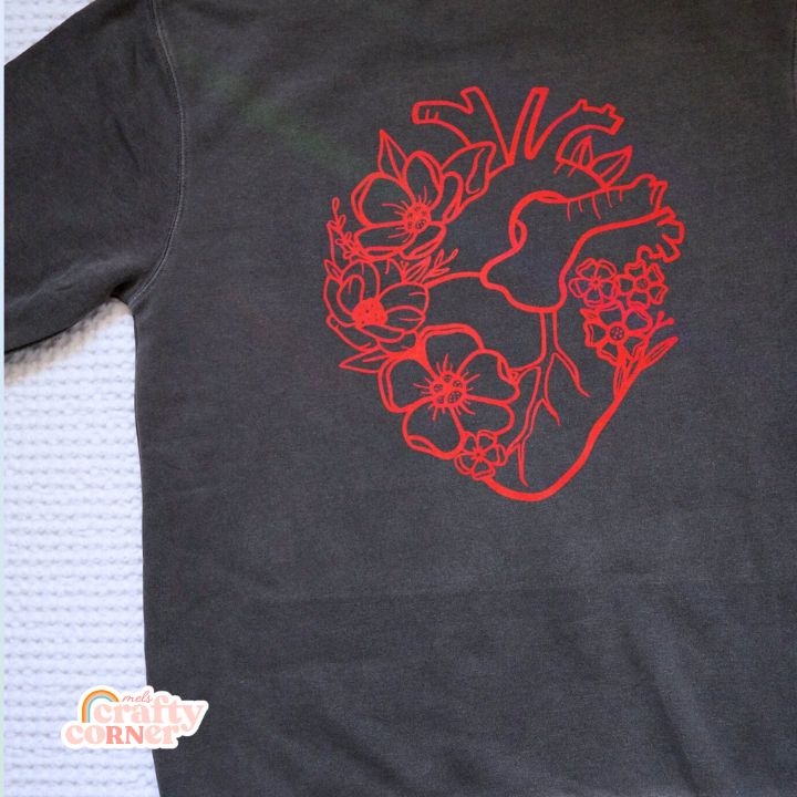 Flat lay back view of Floral Anatomical Heart premium crewneck sweatshirt by Mel's Crafty Corner