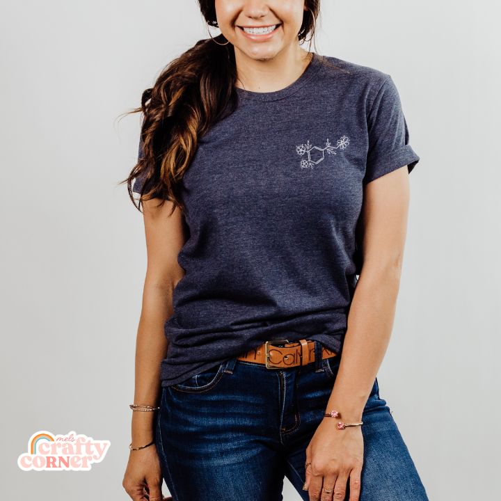 Model wearing Floral Dopamine soft t-shirt in navy blue