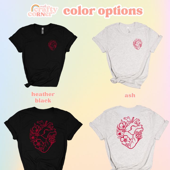 Color options available for the Floral Anatomical Heart softest t-shirt by Mel's Crafty Corner