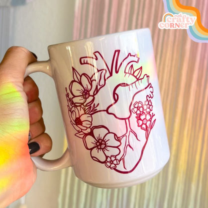 Floral Heart design on 15 oz ceramic mug, main product image by Mel's Crafty Corner