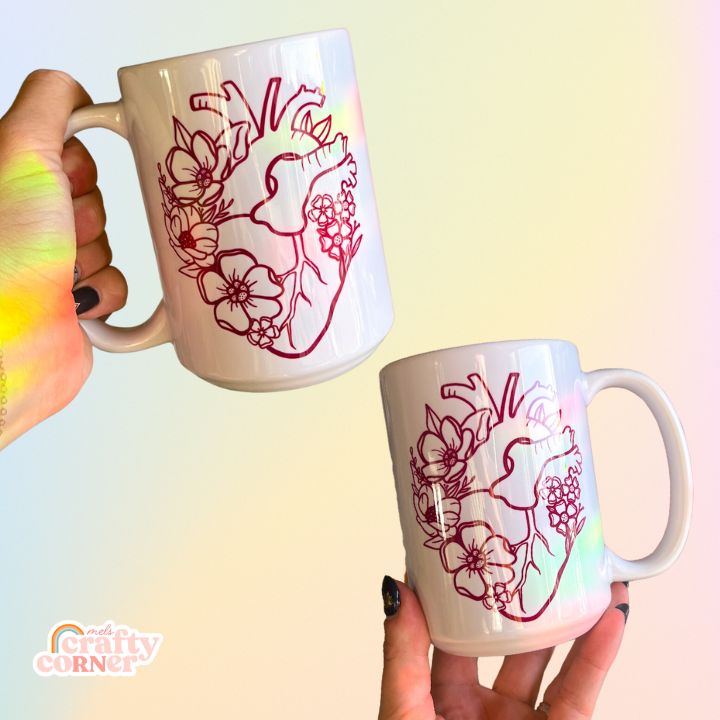 Mockup of Floral Heart 15 oz ceramic mug showing design placement by Mel's Crafty Corner