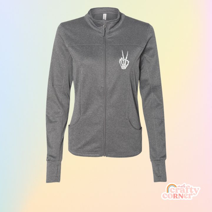 Gunmetal gray Skeleton Peace Sign performance zip-up jacket mockup by Mel's Crafty Corner