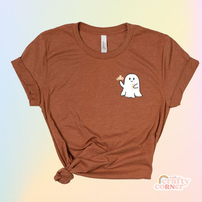 Heather autumn Leaves & Lattes Ghostie softest t-shirt mockup by Mel's Crafty Corner