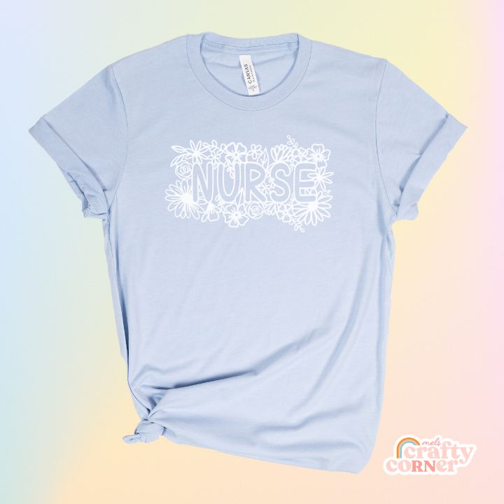 Heather baby blue Floral Nurse soft t-shirt product mockup