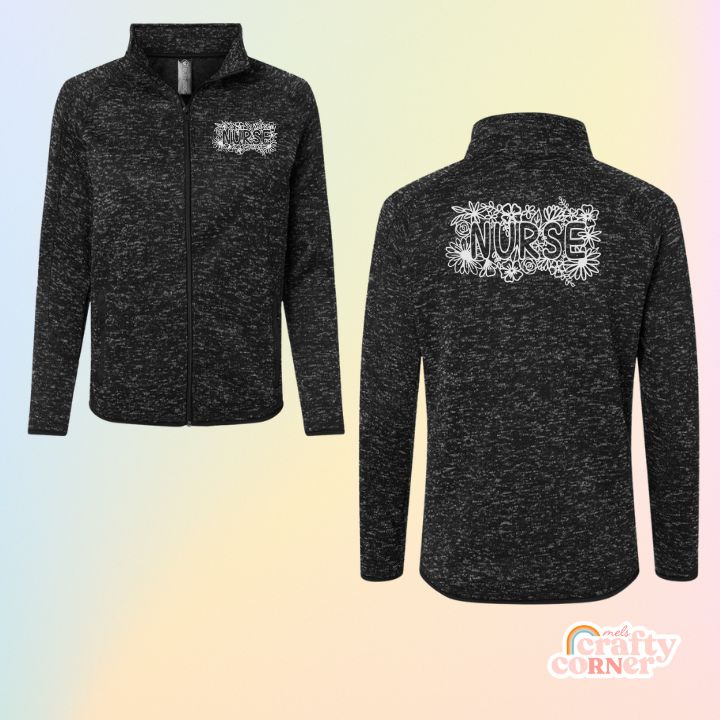 Mockup of heather black Floral Nurse fleece zip-up jacket by Mel's Crafty Corner