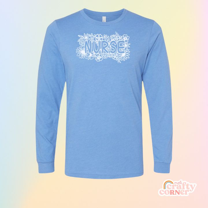 Heather columbia blue Floral Nurse soft long sleeve shirt mockup by Mel's Crafty Corner