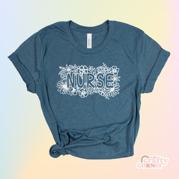 Heather deep teal Floral Nurse soft t-shirt product mockup