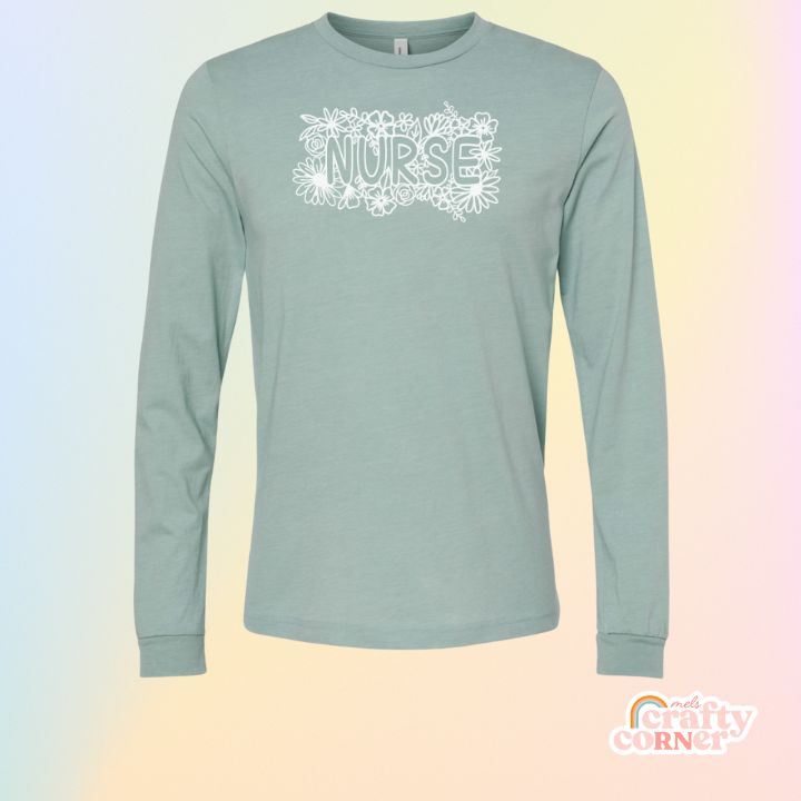 Heather dusty blue Floral Nurse soft long sleeve shirt mockup by Mel's Crafty Corner