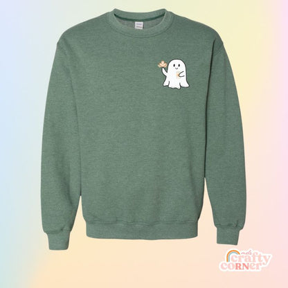 Heather green Leaves & Lattes Ghostie classic crewneck sweatshirt mockup by Mel's Crafty Corner