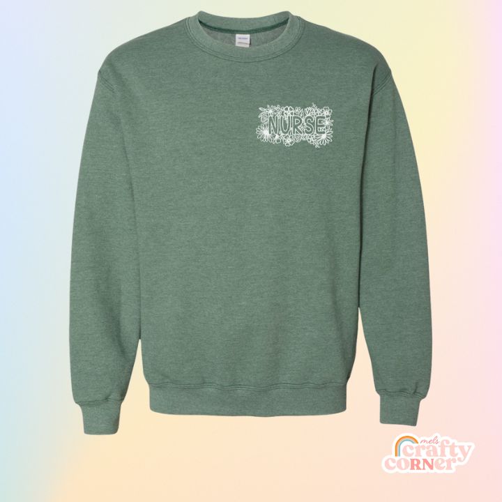 Heather green Pocket Floral Nurse classic crewneck sweatshirt mockup by Mel's Crafty Corner