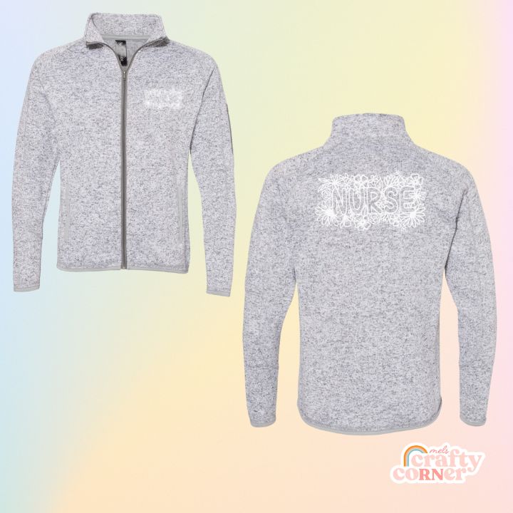 Mockup of heather grey Floral Nurse fleece zip-up jacket by Mel's Crafty Corner