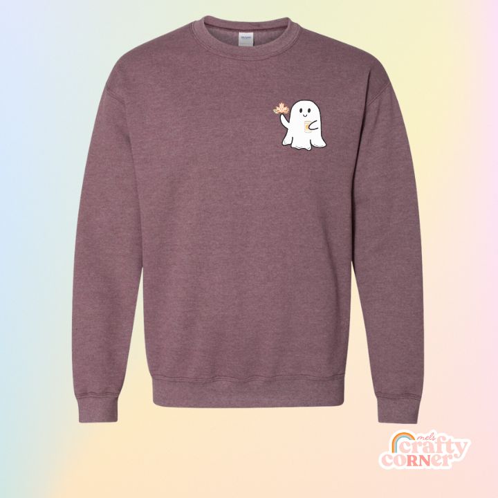 Heather maroon Leaves & Lattes Ghostie classic crewneck sweatshirt mockup by Mel's Crafty Corner