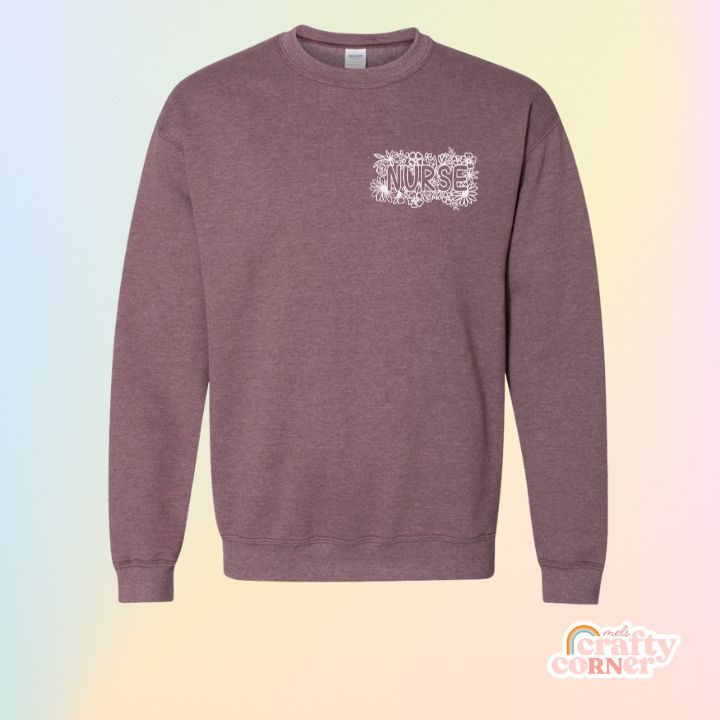 Heather maroon Pocket Floral Nurse classic crewneck sweatshirt mockup by Mel's Crafty Corner