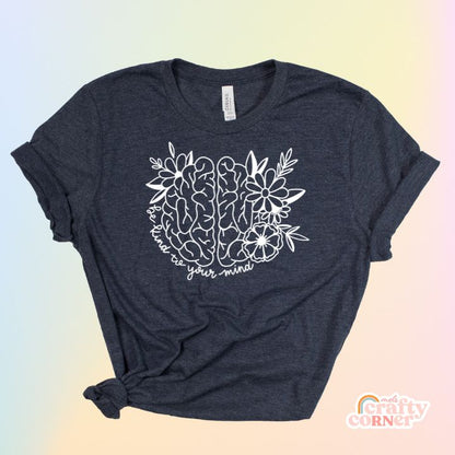 Heather navy blue Be Kind to Your Mind soft t-shirt product mockup