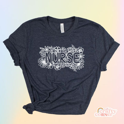 Heather navy blue Floral Nurse soft t-shirt product mockup