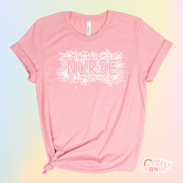 Heather pink Floral Nurse soft t-shirt product mockup