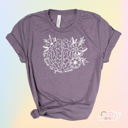 Heather purple Be Kind to Your Mind soft t-shirt product mockup