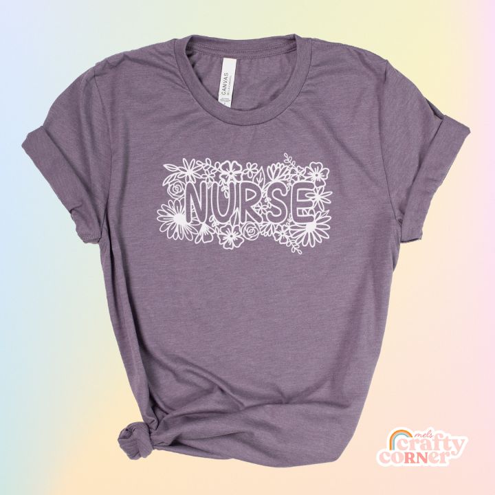 Heather purple Floral Nurse soft t-shirt product mockup