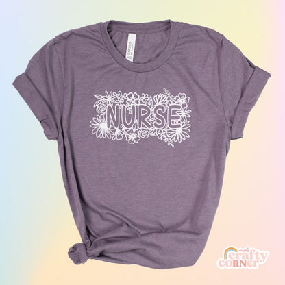 Heather purple Floral Nurse soft t-shirt product mockup