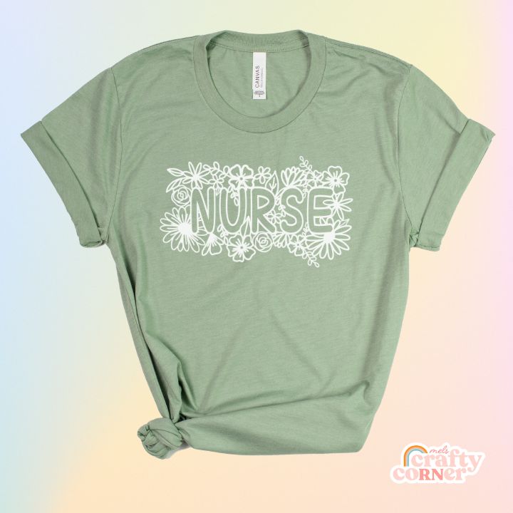 Heather sage Floral Nurse soft t-shirt product mockup
