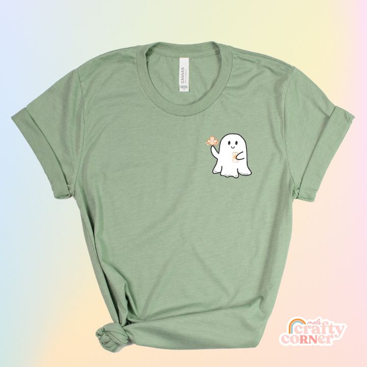 Heather sage Leaves & Lattes Ghostie softest t-shirt mockup by Mel's Crafty Corner