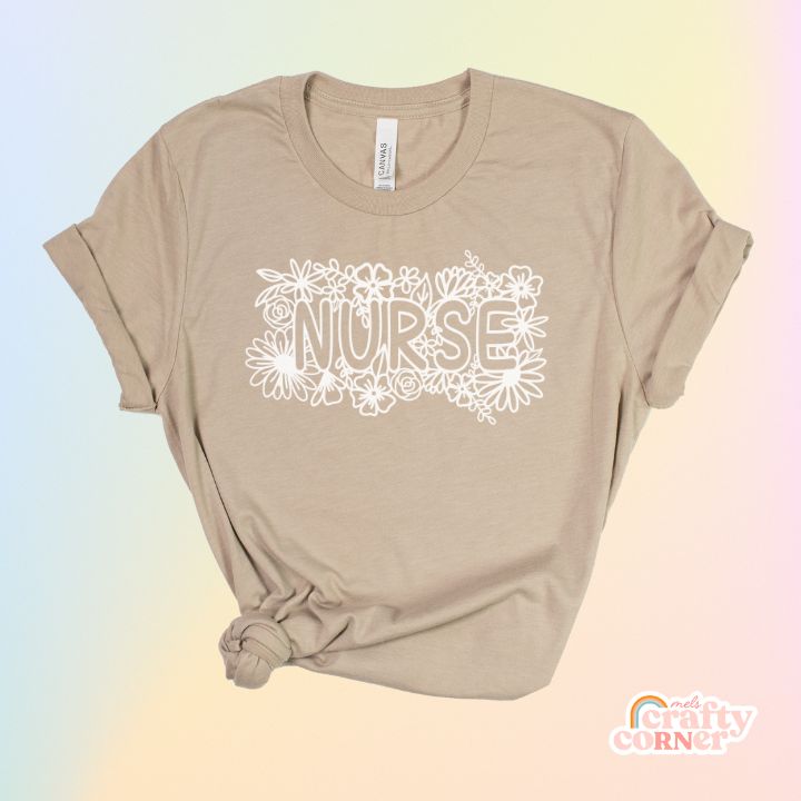 Heather tan Floral Nurse soft t-shirt product mockup