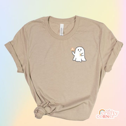 Heather tan Leaves & Lattes Ghostie softest t-shirt mockup by Mel's Crafty Corner