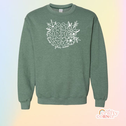 Heather green Be Kind To Your Mind classic crewneck sweatshirt mockup by Mel's Crafty Corner