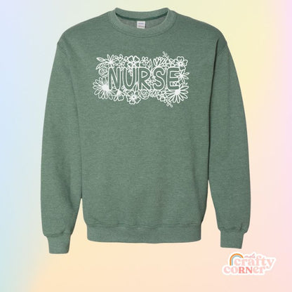 Heather green Floral Nurse Classic Crewneck product mockup